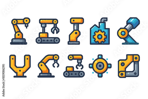 Robotics and automation flat icon set. Industrial, engineering, mechanical icons collection