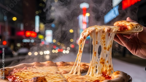 New York style pizza slice with melted cheese pull, city street in winter night