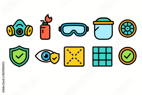 Safety equipment icon set. Protective gear, safety icons collection in filled style
