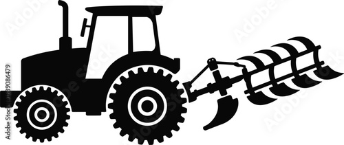 Heavy farm tractor vehicle silhouette pulling a plow or disc harrow tillage implement, agricultural machinery and farming equipment vector