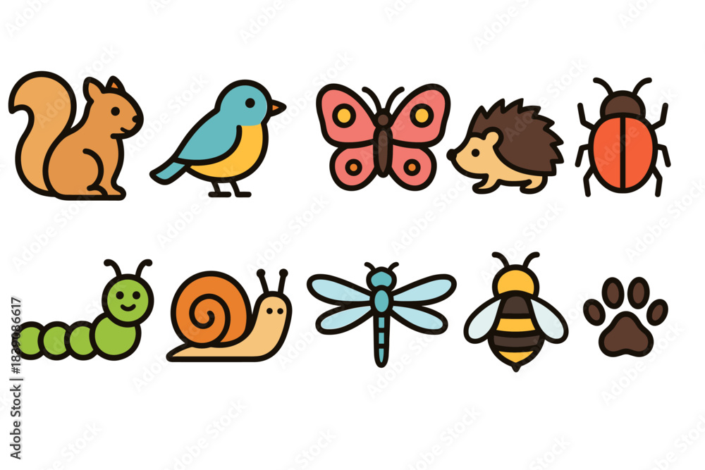 Fototapeta premium Animal outline icon set. Nature, critters, wildlife, insects, and forest animals collection