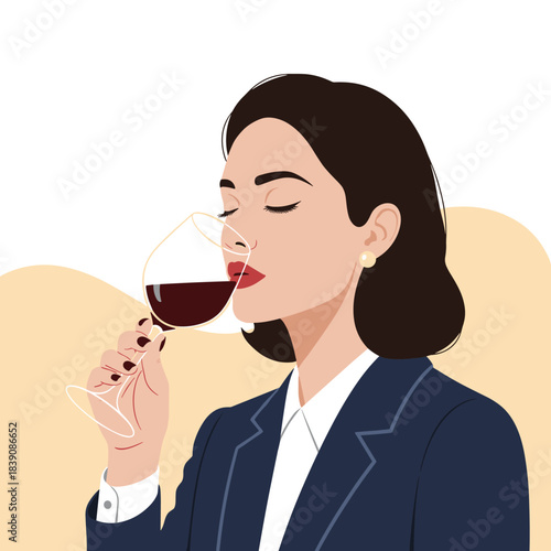 Elegant woman in a dark blazer with red lipstick and a pearl earring, eyes closed, enjoying the aroma of red wine.