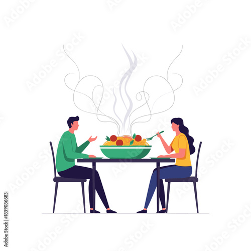 A couple enjoys a steaming bowl of spaghetti with meatballs together at a table, sharing a delicious and comforting meal.