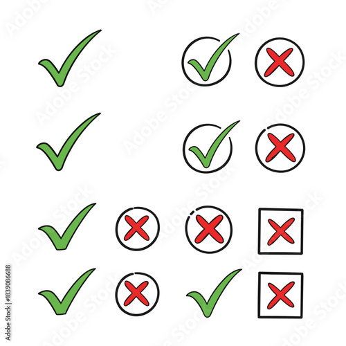 Check marks and cross signs in various hand-drawn styles, depicting approval and rejection, ideal for user interface elements or checklists.