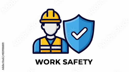 Work safety icon with a worker wearing a hard hat and a safety shield with a checkmark, representing occupational safety and health, workplace protection, and adherence to security standards