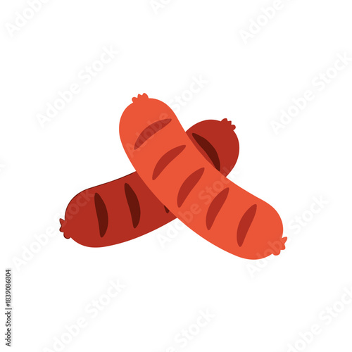 A colorful flat illustration of two appetizing grilled sausages, one reddish-orange and one dark brown, with visible char marks, on a white background.