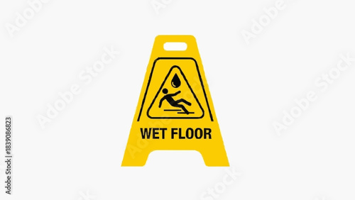 Yellow wet floor sign with falling person icon isolated on white background, alerting about slippery surfaces and potential hazards, essential for caution and accident prevention