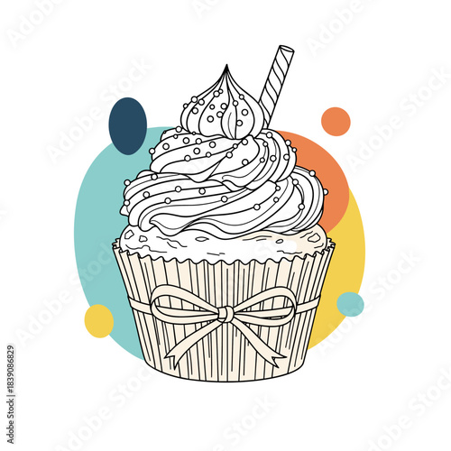 Hand-drawn black and white outline of a decorated cupcake with a festive bow and sprinkles, set against a colorful abstract background.