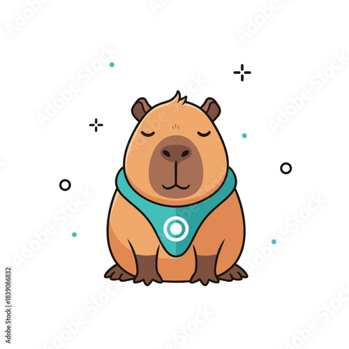 Adorable cartoon capybara with closed eyes wearing a stylish teal bandana, surrounded by playful minimalist icons, isolated on white.