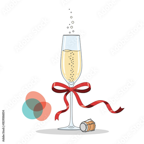 Elegant champagne flute with a red ribbon and rising bubbles, accompanied by a cork and colorful abstract elements, celebrating special moments.