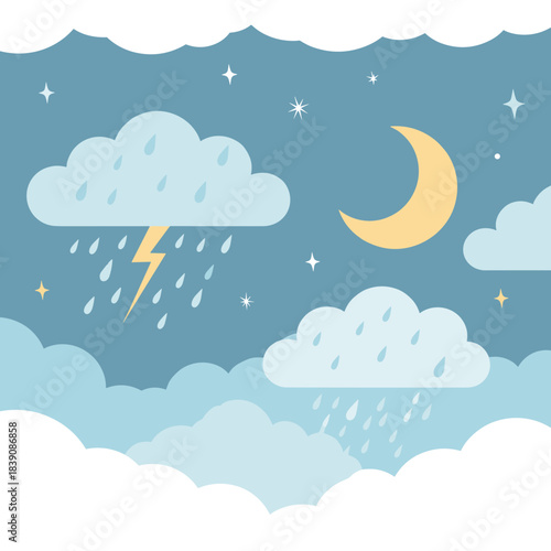 A serene yet stormy night sky illustration with a crescent moon, twinkling stars, soft rain falling from clouds, and a striking lightning bolt.