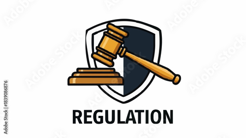 Regulation word icon concept with judge gavel shield flat vector illustration design web page business finance law order authority justice rule legal legislation court system
