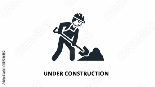Under construction icon, silhouette of a worker with a hard hat and shovel digging a mound, symbolizing ongoing development or website maintenance