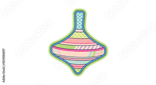 Colorful spinning top toy with striped and dotted patterns isolated on white background.