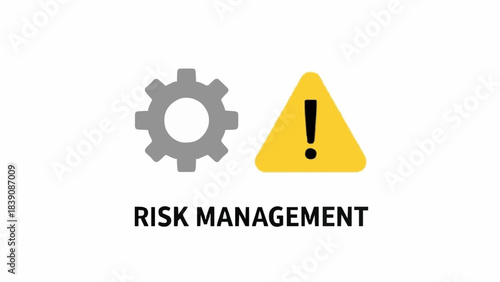 A graphic illustration featuring a grey gear alongside a yellow triangular exclamation mark, symbolizing the structured process of risk management and hazard identification