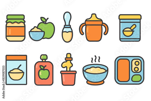 Baby food flat icon set. Infant nutrition, puree jars, feeding bottles collection.