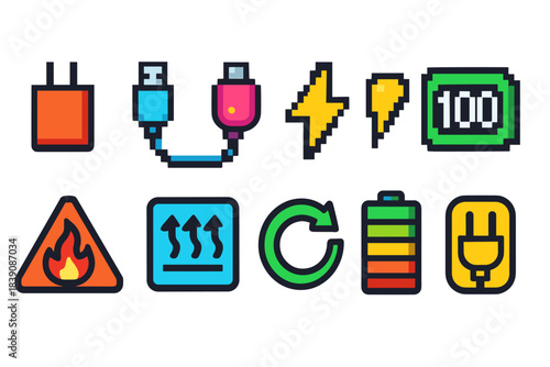 Electronics, energy flat icon set. Plug, battery, charging icons collection