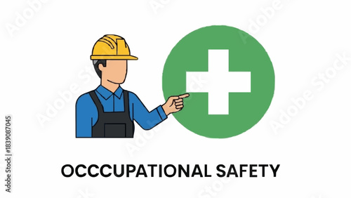 occupational safety icon for worker wellbeing and injury prevention in industrial environments showing construction worker pointing at medical cross symbol in green circle representing health and safe