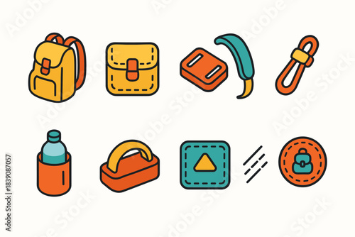 Camping and hiking flat icon set. Outdoor adventure equipment icons collection