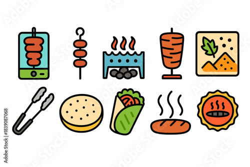 Barbecue, grill flat icon set. Bbq, kebab, food icons flat collection