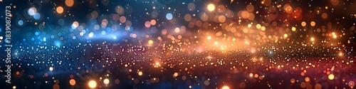 Panoramic view of cosmic dust and nebulae in vibrant hues of blue and orange, creating a stunning astronomical backdrop