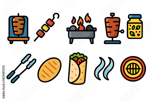 Middle eastern cuisine flat icon set featuring kebab, grill, and wrap illustrations