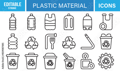 Clean Plastic Material Symbol Collection Including Waste Bins, Reuse Icons, Garbage Containers, Eco Awareness Elements, and Recycling Marks
