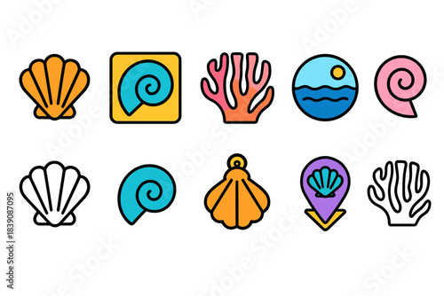Sea life flat icon set. Shell, coral, ocean symbols in flat style, colorful collection