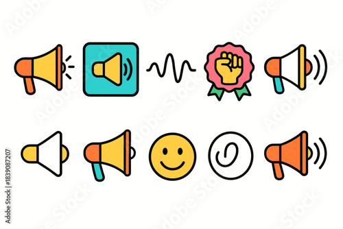 Communication, announcement flat icon set. Megaphone, sound, social media icons collection