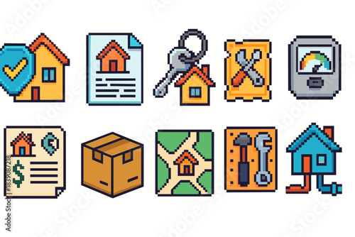 Real estate construction icon set. Flat property, home, tools, maintenance collection