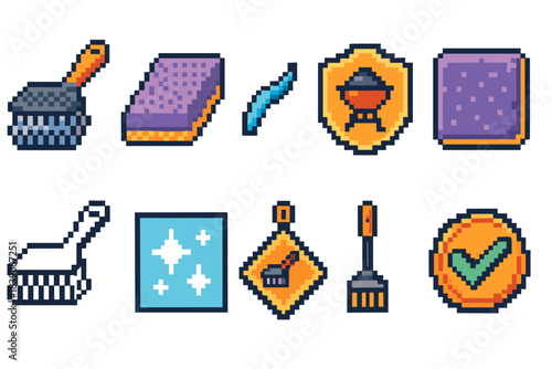 Cleaning and hygiene icon set. Pixel art, outline design for sanitation purposes
