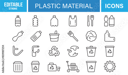 Modern Outline Plastic Material Icon Pack Featuring Containers, Recycle Symbols, Trash Bins, Environmental Signs, and Waste Management Tools