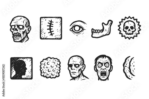 Horror skeleton, zombie outline icon set for halloween and scary themes