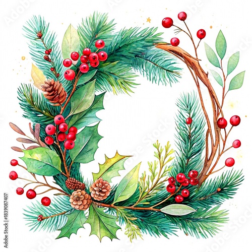 Watercolor Christmas wreath with pine branches, red berries and eucalyptus, delicate brush texture, white background.