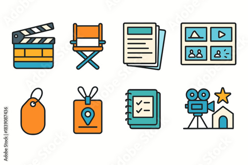 Movie production flat icon set. Cinema, filmmaking, and video tools icons collection