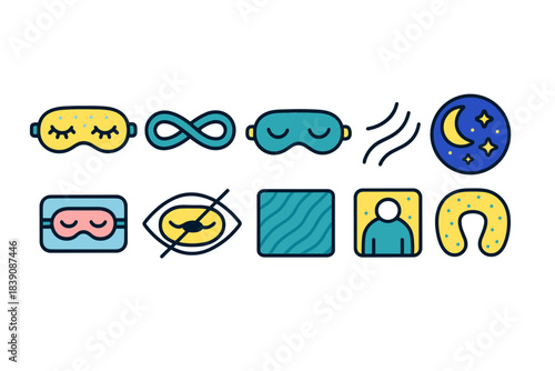 Sleeping, relaxation flat icon set. Bedtime, rest, nap, wellness icon collection