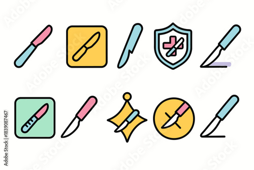 Medical surgery flat icon set. Scalpels, blades, protection symbols flat collection