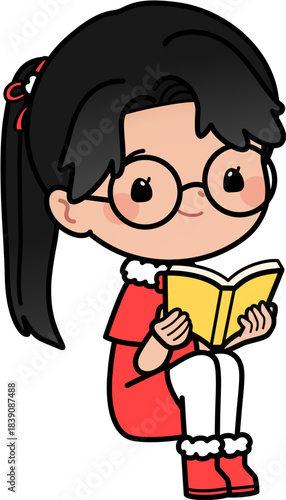 girl in santa outfit reading book