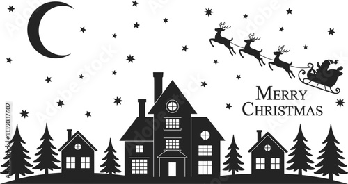 Merry Christmas night silhouette scene, Victorian town houses and pine trees with Santa Claus flying his sleigh and reindeer over a crescent moon