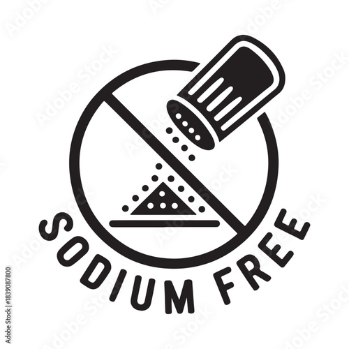 Sodium free vector icon with salt shaker and pile of salt in a crossed circle