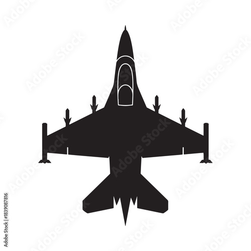 Military jet aircraft silhouette flying top view representing aviation and defense