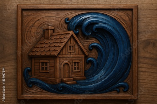 Wooden carved house threatened by a large wave wood carving