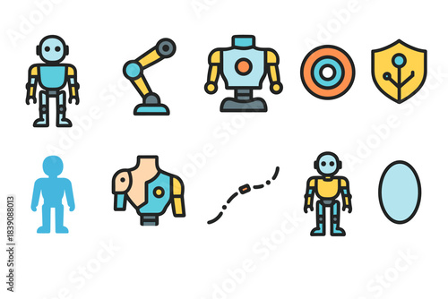Robot, technology flat icon set. Robotics, ai components and tech symbols collection