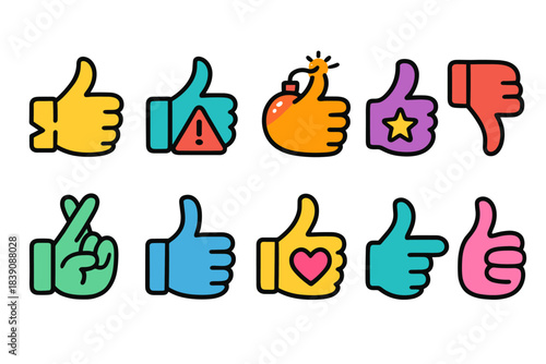 Hand gestures icon set. Thumb, approval, flat thumbs up and down symbols