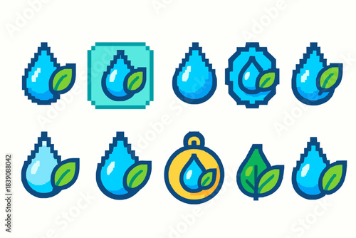 Environmentally themed pixel icon set. Eco-friendly, water drop pixel art collection.