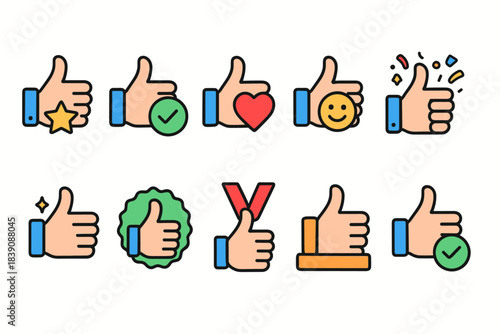 Thumbs up flat icon set. Approval, success, positive feedback icons collection