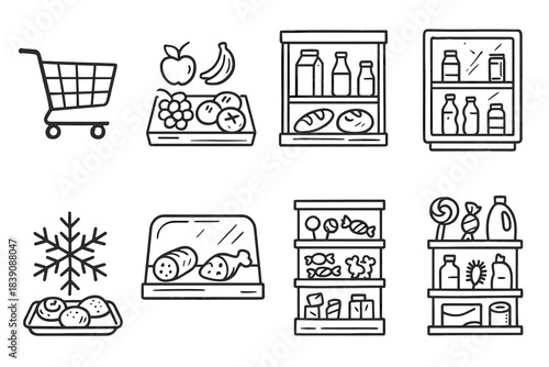 Grocery shopping linear icon set. Market, food, and store icons outline collection.