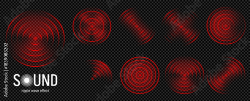 Red wifi sensor effect. Sonar wave aim and ripple scope mark. Scan radar alarm on radio pulse sign set. Hud tech overlay for game or abstract network with concentric ring focus transparent background