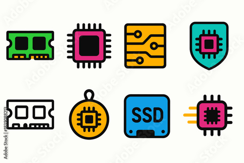 Technology, hardware icon set. Electronics, gadgets flat icon collection for apps