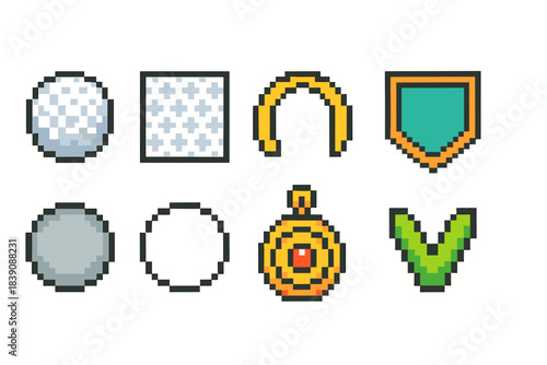 Pixel art icon set for games. Retro, pixelated, nostalgic game icons in classic style